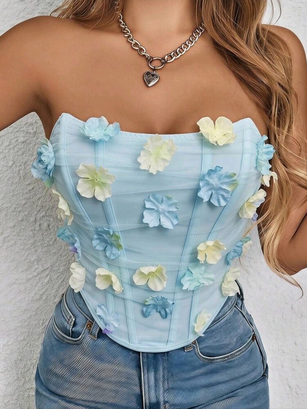 Allurite 3D Floral Mesh Embroidered Patchwork Fish Bone Pointed Hem Top